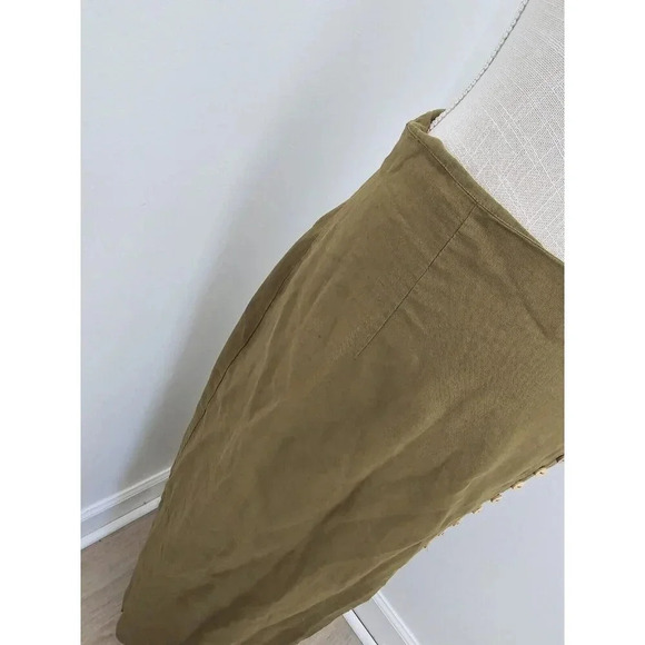 Zara Linen Cotton Blend Slit Faux Button Olive Green Straight Midi Long Skirt M - Picture 6 of 13